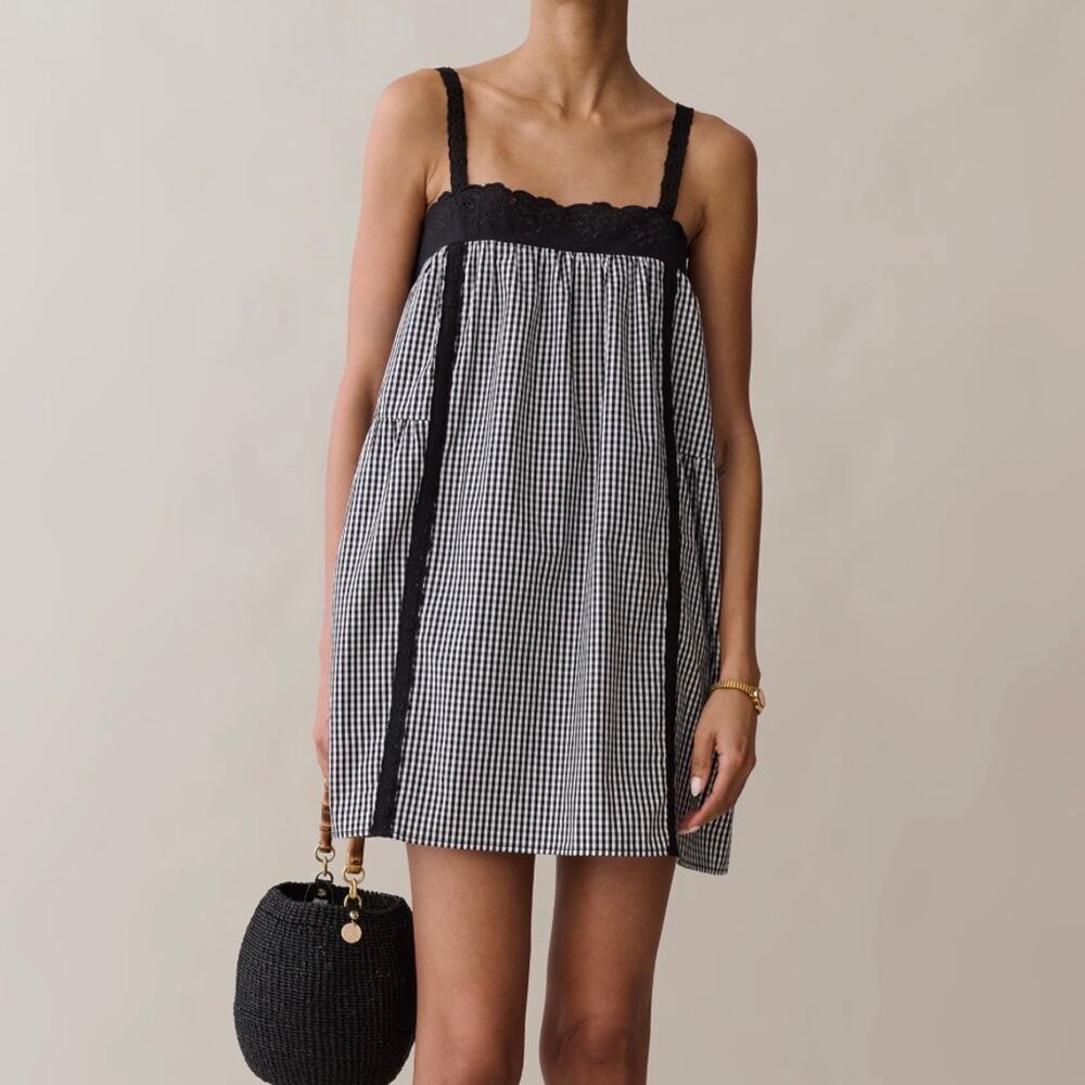 Few Moda Kourt Florence Black Gingham Cotton Lace Trim Babydoll Mini Dress M